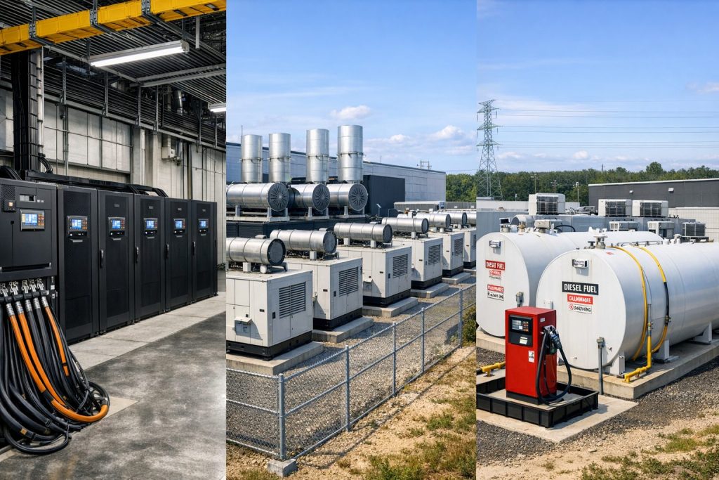 データセンターの非常用設備をイメージさせる画像
左から、無停電電源装置、非常用発電機、燃料の備蓄体制のイメージ