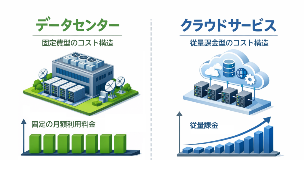データセンターとクラウドサービスのコスト構造を比較する図解
